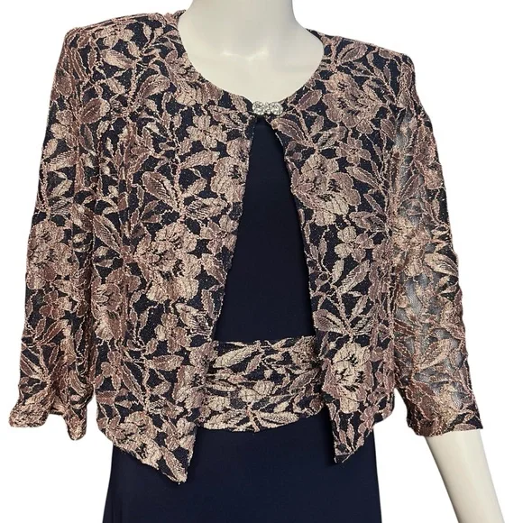 JH Evenings NWT Women’s Blue Midi A-Line Dress w/Jacket & Lace Detail Sz. 10 - Picture 3 of 7